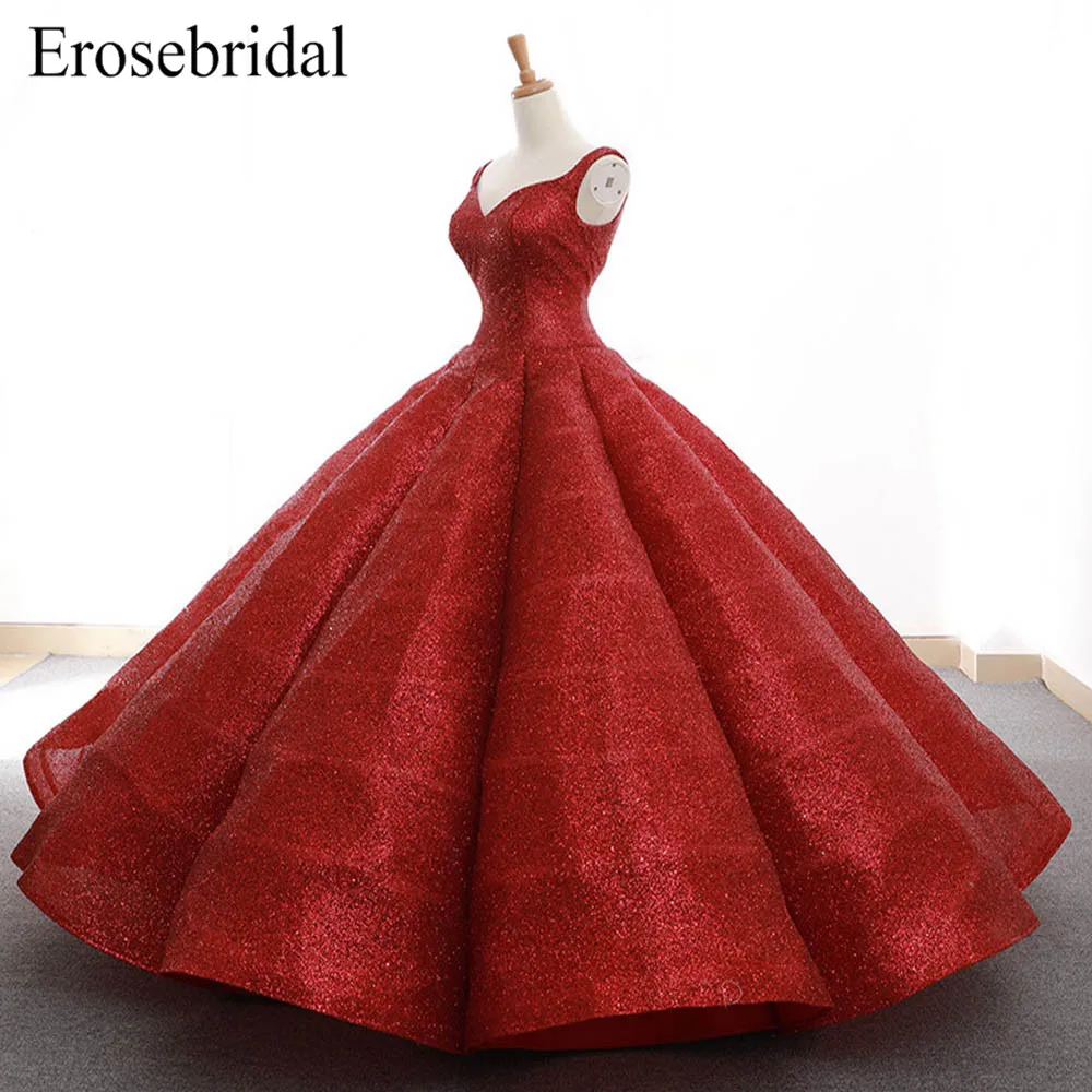 Red Ball Gown Evening Dress Long 2019 Sequined Evening Wear V Neck Elegant Lace Up Back robe de soiree Real Image