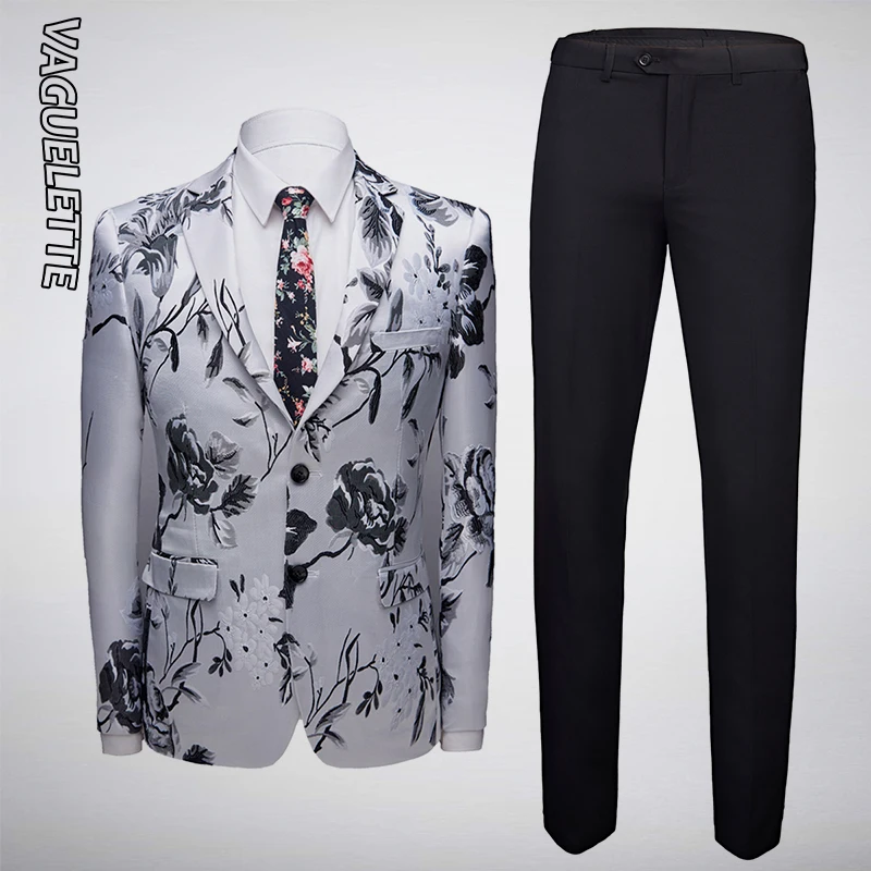 

VAGUELETTE White Embroidery Floral Men Suit Wedding Grooming Abiti Uomo Slim Skinny Mens Suits With Pants 2019 M-4XL