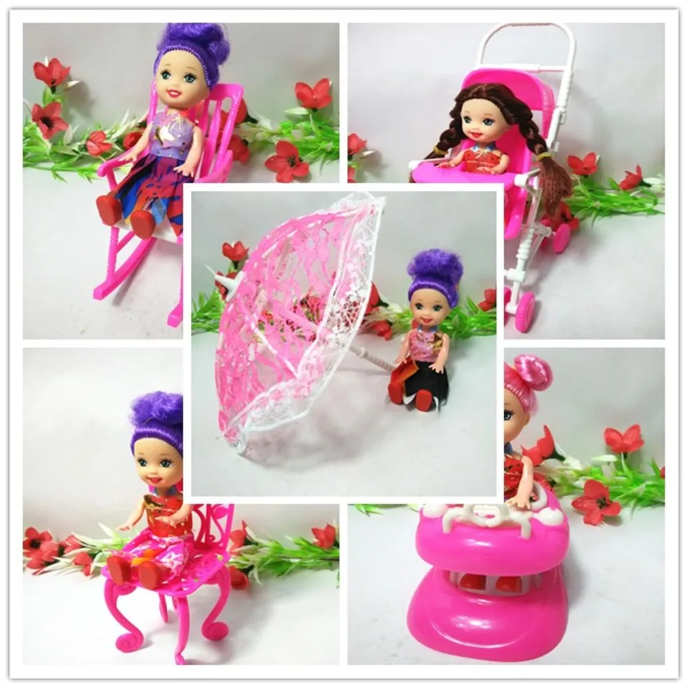 Free shipping girl birthday gift 5 items stroller handcart walker rocking chair accessories for barbie doll