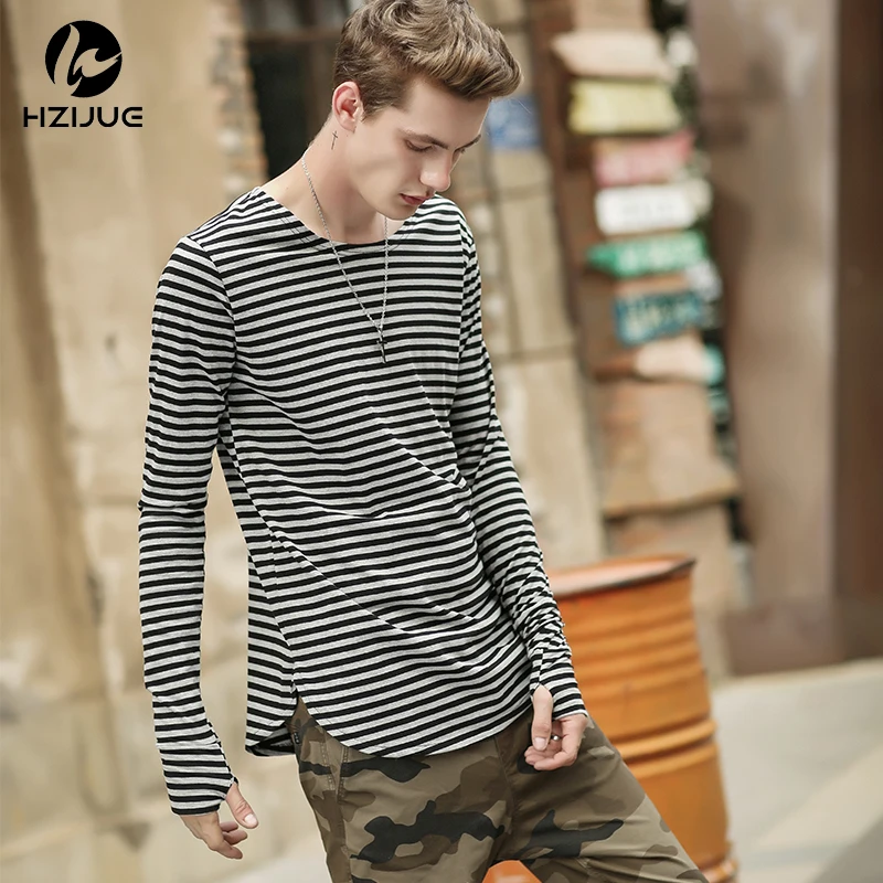 HZIJUE 2017 Justin bieber T-Shirt Mens Hip Hop Streetwear Striped Tee Long hole Sleeve O-neck T Shirt kanye Plus size t-shirts