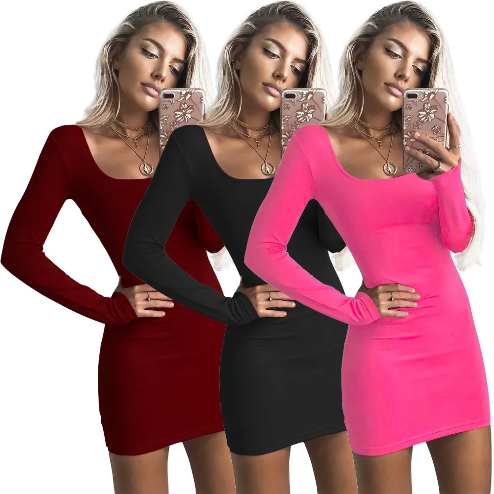 

2019 New Spring Fashion Women Sexy Slim Bodycon Mini Party Dress Casual Long Sleeve Square Collar Black Elastic Dress Vestidos