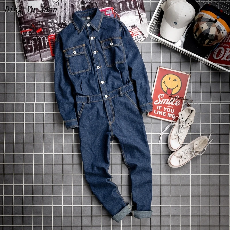 Men's One Piece Denim Bib Overalls With Jackets Long Sleeve Cargo ...