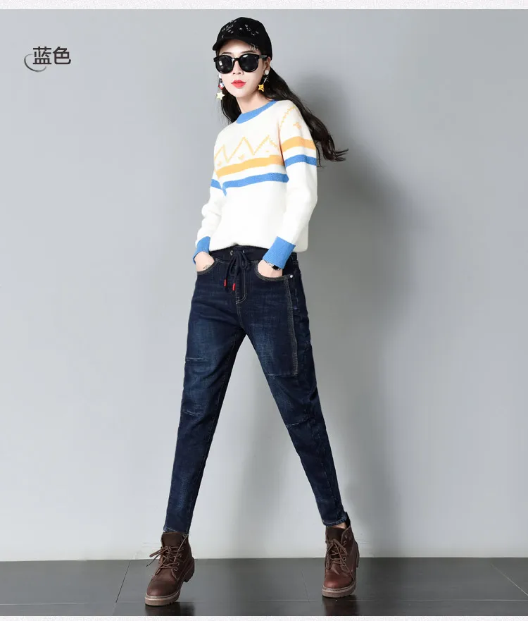 2019 зимние джинсы женские бархатные Эластичные ковбой джинсы Для женщин хлопок с резинкой в талии сексуальный брюки для женщин; Большие
