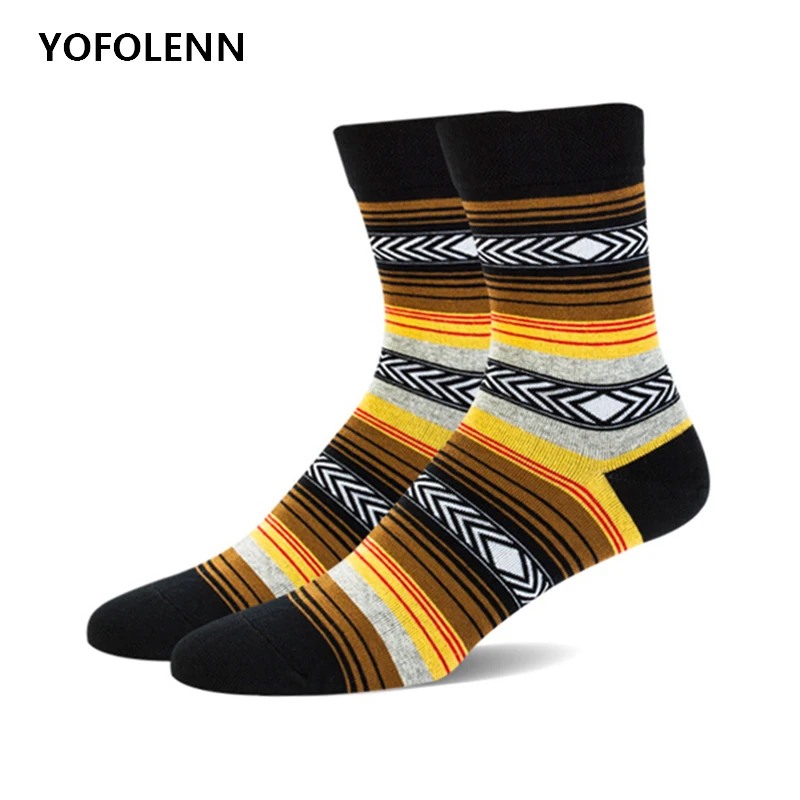 5 Pairs/lot Crew Happy Funny Combed Men's Cotton Socks High Quality Colored Striped Casual Socks