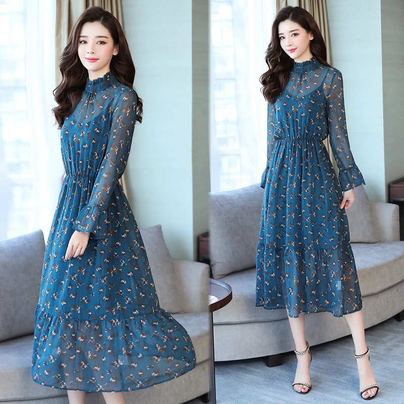 

Summer Fashion Chiffon Print Sexy Midi Dress Women 2019Casual Stand Collar Long Sleeve Elegant Beach Club Party Dresses Vestidos