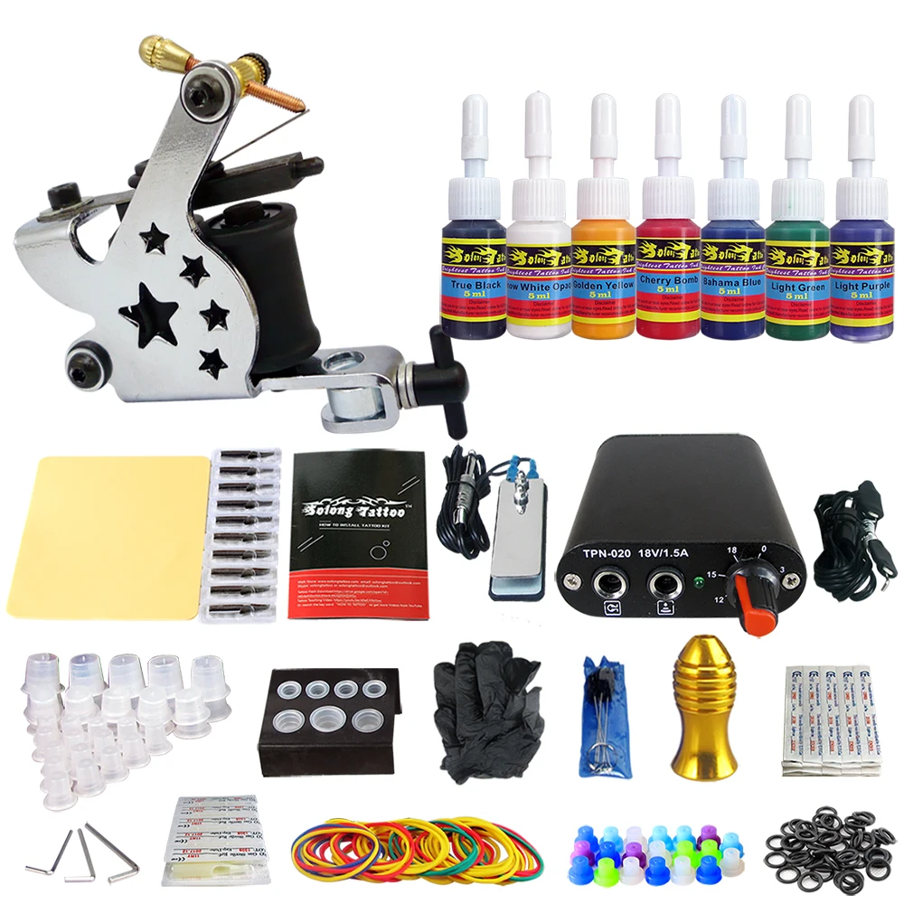 

Hybrid Complete Tattoo Coil Machine Kit For Liner Shader Power Supply Foot Pedal Needles Grip Tips Tattoo Body&Art TK105-44