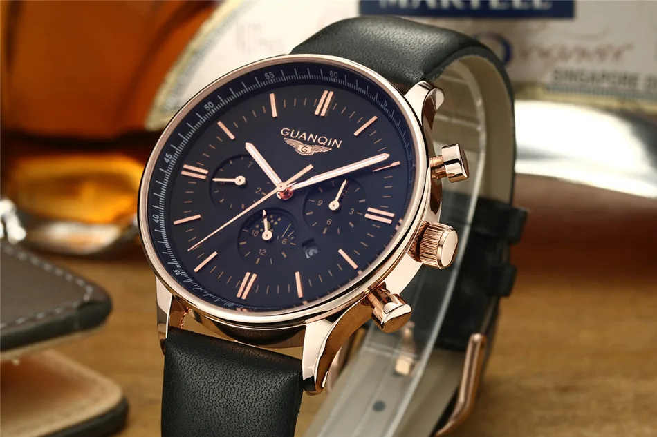 Мужские часы GUANQIN от ведущего бренда, роскошные часы с хронографом, военные кварцевые часы, мужские спортивные наручные часы с кожаным ремешком
