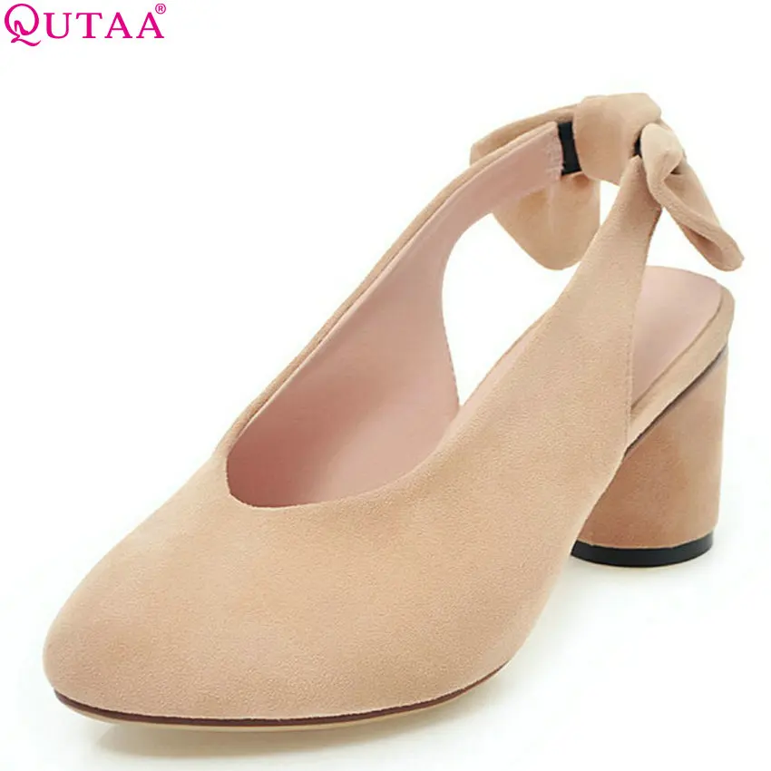 

QUTAA 2018 Women Pumps Cow Suede Square Heel Women Shoes Round Toe Bow Tie Cute Style All Match Ladies Pumps Size 34-43