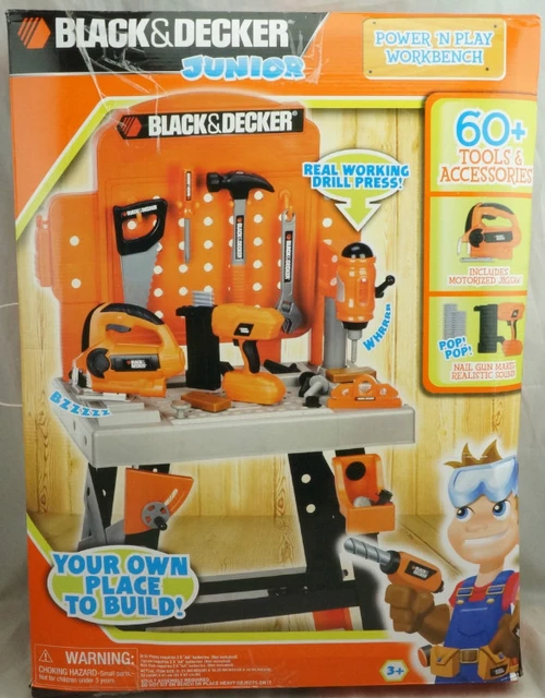 HSB-toys BLACK & DECKER Junior Workbench power`n play 60+ tools&accessories  real working drill press your own place to build - AliExpress