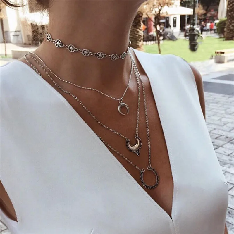

For Women Metal Gold Color Sequins Jewelry Round Coin&Half Moon Pendant Necklace Multilayer Necklace