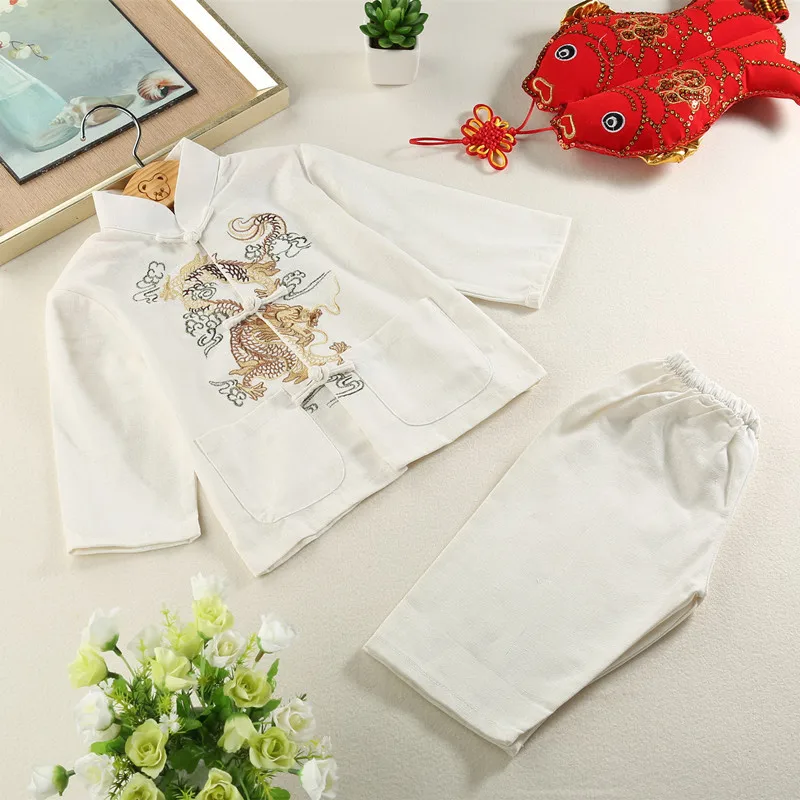 ActhInK/детский хлопковый и льняной костюм с вышивкой дракона для китайской одежды хан, брендовый Детский костюм в стиле ретро в китайском стиле, комплект одежды MC117 - Цвет: White