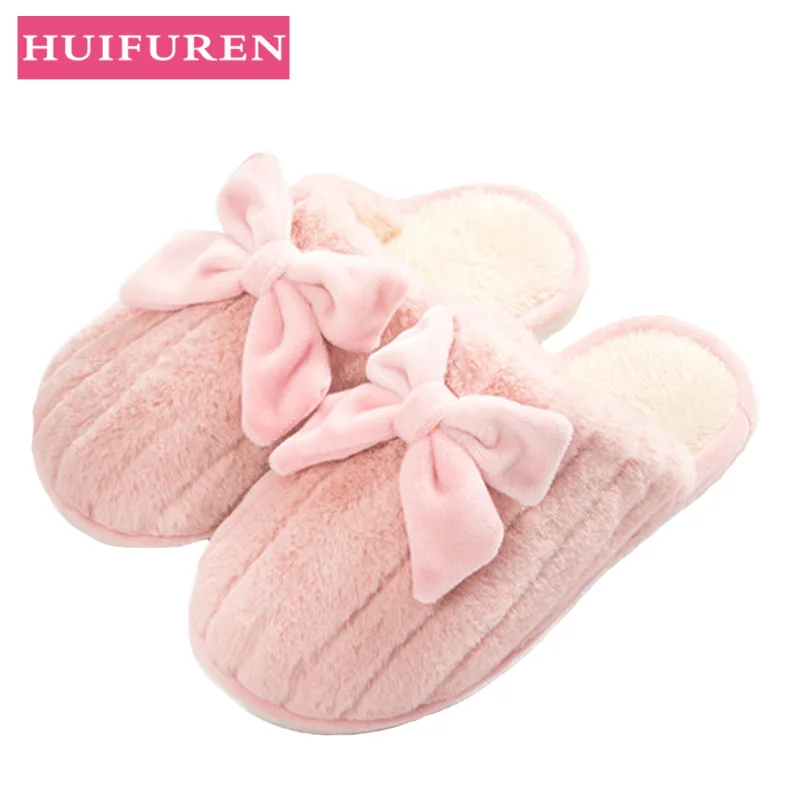 

Winter Warm Shoes Woman Indoor Slippers Cute Bowtie Soft Plush Anti-slip Lovers Home Slides Male Female Cotton Slipper