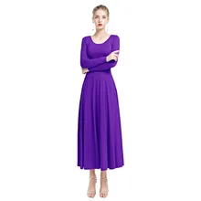 2019 New Women Adult Plain Dance Long Dress Long Sleeves Pleated Swing Praise Liturgical Costume Elegant Loose Fit Women Dress yellow pleated design plain cold shoulder long sleeves blouses