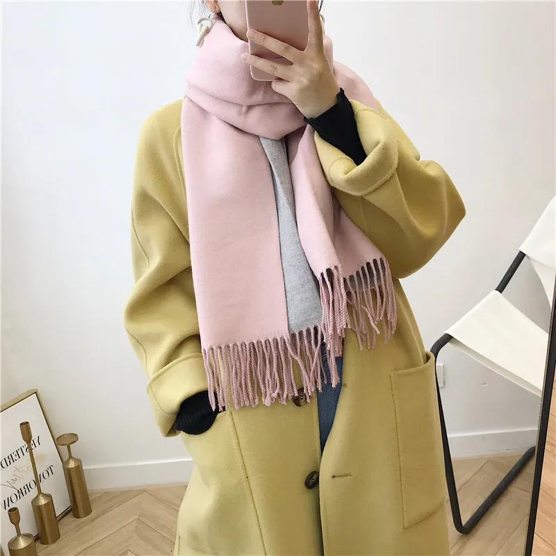 Female new 10 colors tassel scarf monochrome double-sided warm shawl imitation cashmere bib