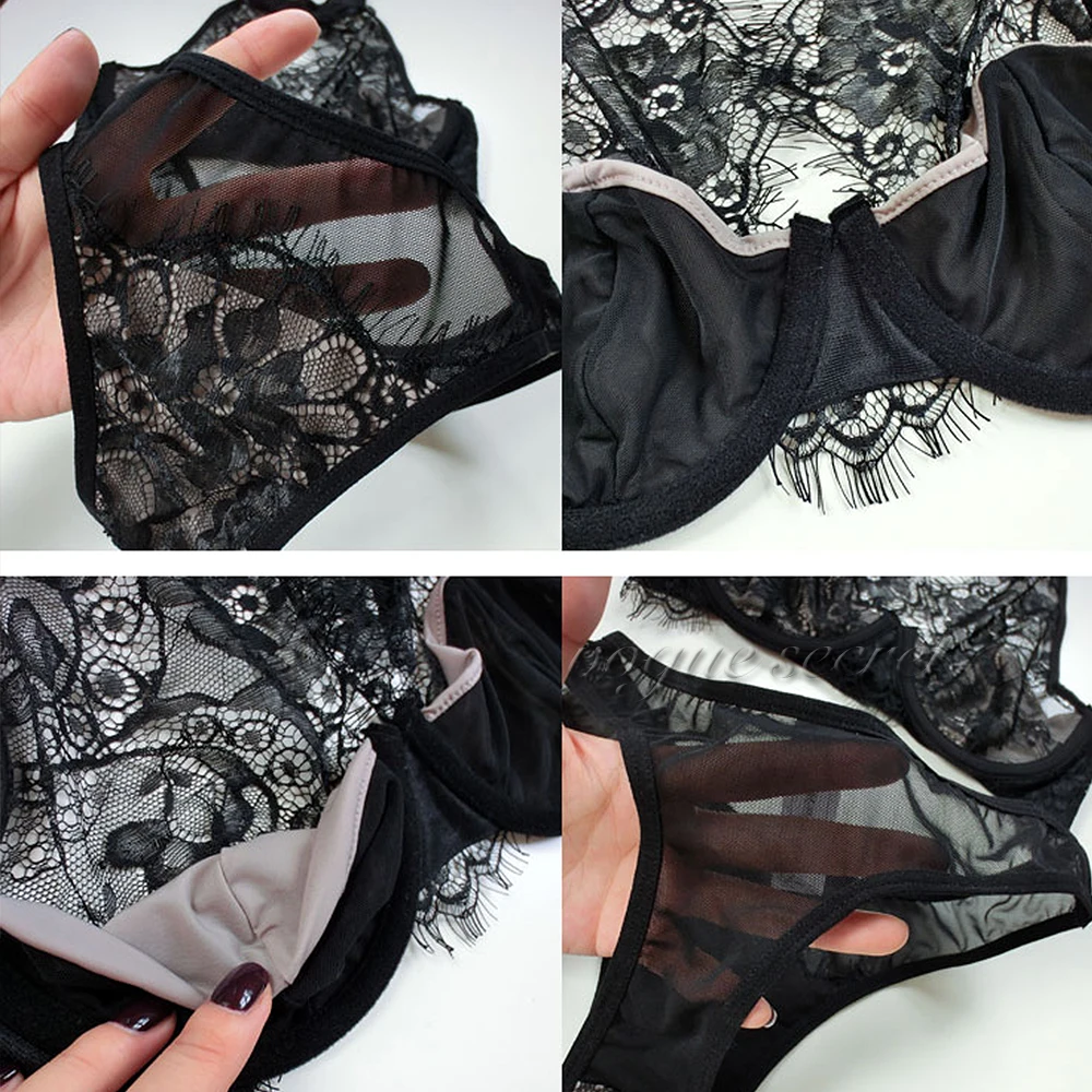 YANDW New Transparent Panties Halter Bra Set Embroidery Black Sexy lingerie Lace Bralette Flower Elegant Bras Sets For Women