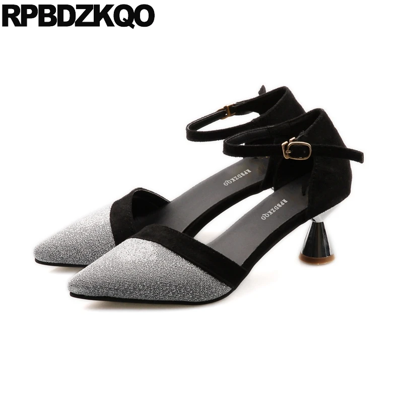 

2018 suede pink ankle strap glitter evening d'orsay pointed toe block ladies dress shoes silver medium heels women thick party