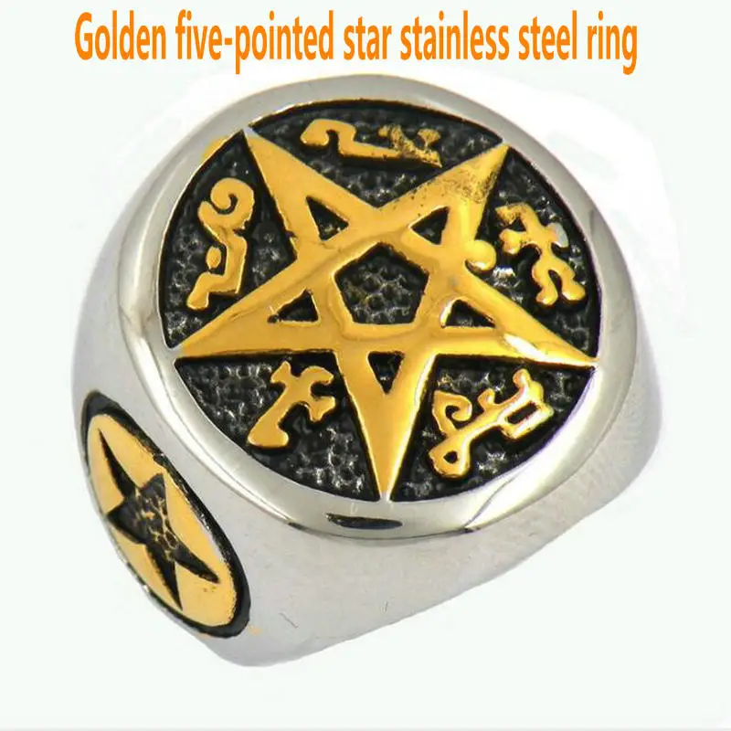 cheap Men #039;s stainless steel ring Golden five pointed star ring Nepalese style ring