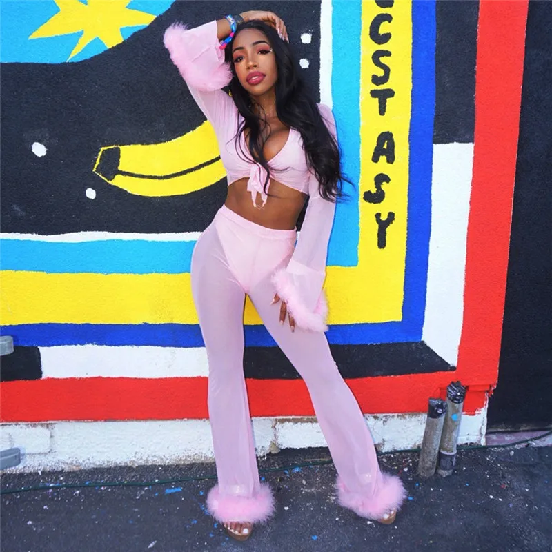 

Sexy See Through Tracksuits Two Piece Set Women Fluffy Fur Crop Top Flare Pants 2 Piece Outfits Fashion Sweatsuit Matching Sets