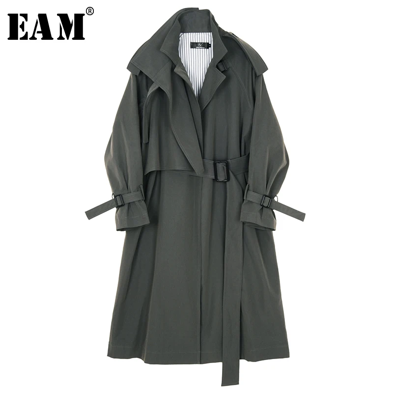 

[EAM] 2020 New Autumn Winter Lapel Long Sleeve Gray Waist Bandage Loose Long Big Size Windbreaker Women Trench Fashion JX450