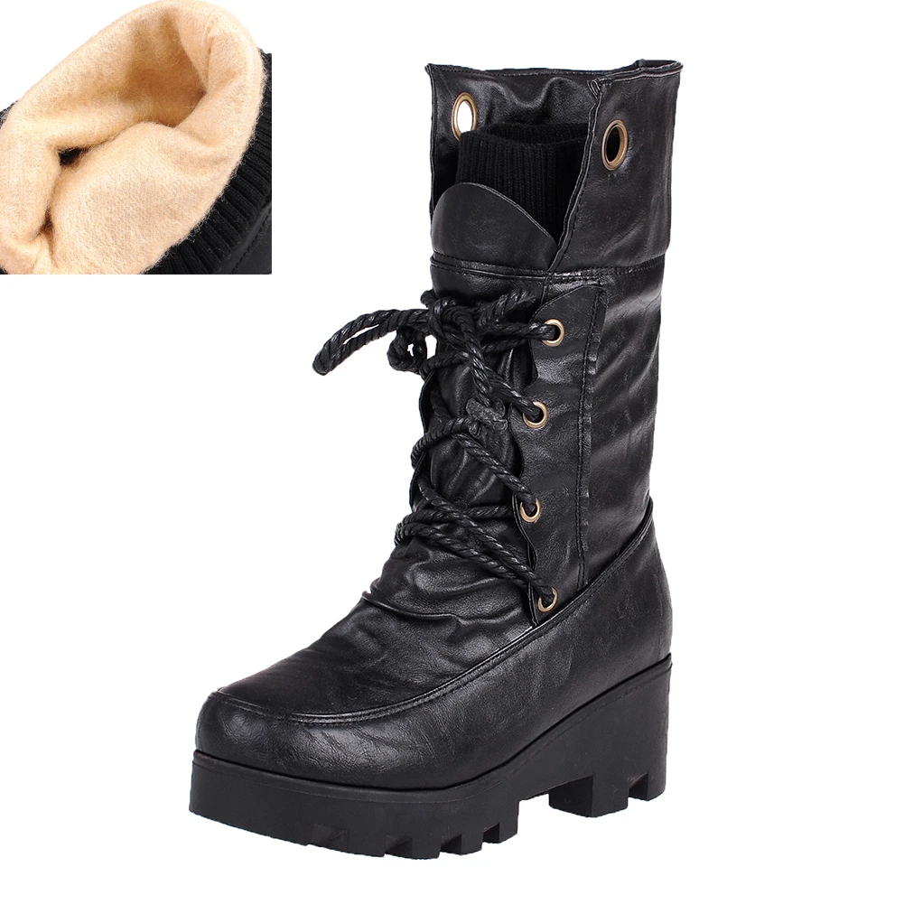 BONJOMARISA/новые женские ковбойские сапоги до середины икры на широкой платформе зимние теплые ботинки на меху на шнуровке в стиле ретро обувь на высоком широком каблуке Женская обувь 34-43 - Цвет: black thin fur