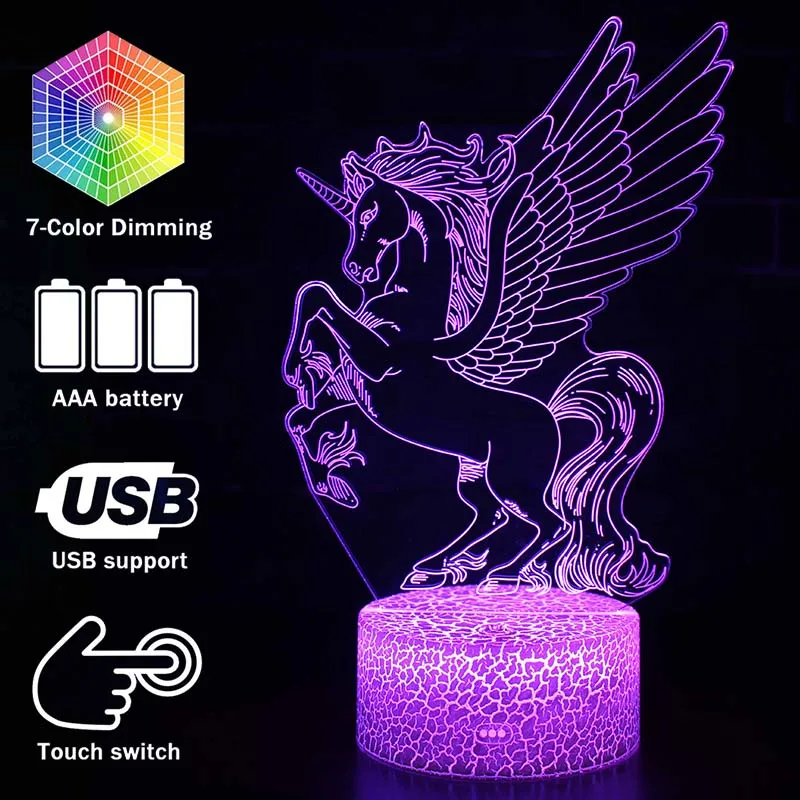  3D illusion Night Lights unicorn Model Touching LED Lamps Kids Bedroom Decor Rainbow horse Lights W - 4000014600256