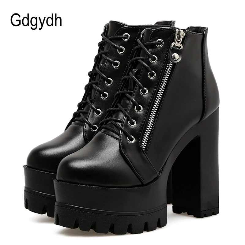 

Gdgydh Autumn Fashion Women Boots High Heels Platform Lace Up Leather Short Booties Black Side Zippers 2019 New Drop Shipping