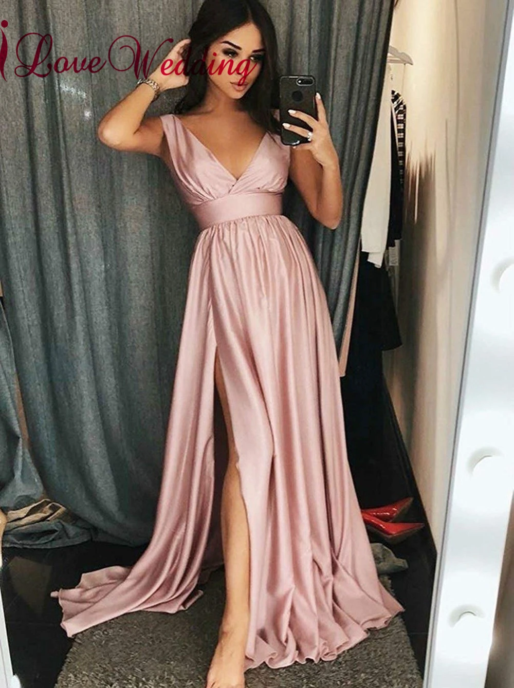 Vestido largo de fiesta rosa, prenda Sexy, recepción, A la con abertura lateral, Formal|Vestidos de - AliExpress