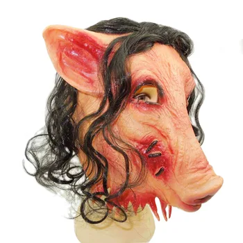 

Halloween Creepy Animal Prop Latex Party Unisex Scary Scar Pig Head Mask With Black Hair Cosplay Latex Rubber Halloween Costume