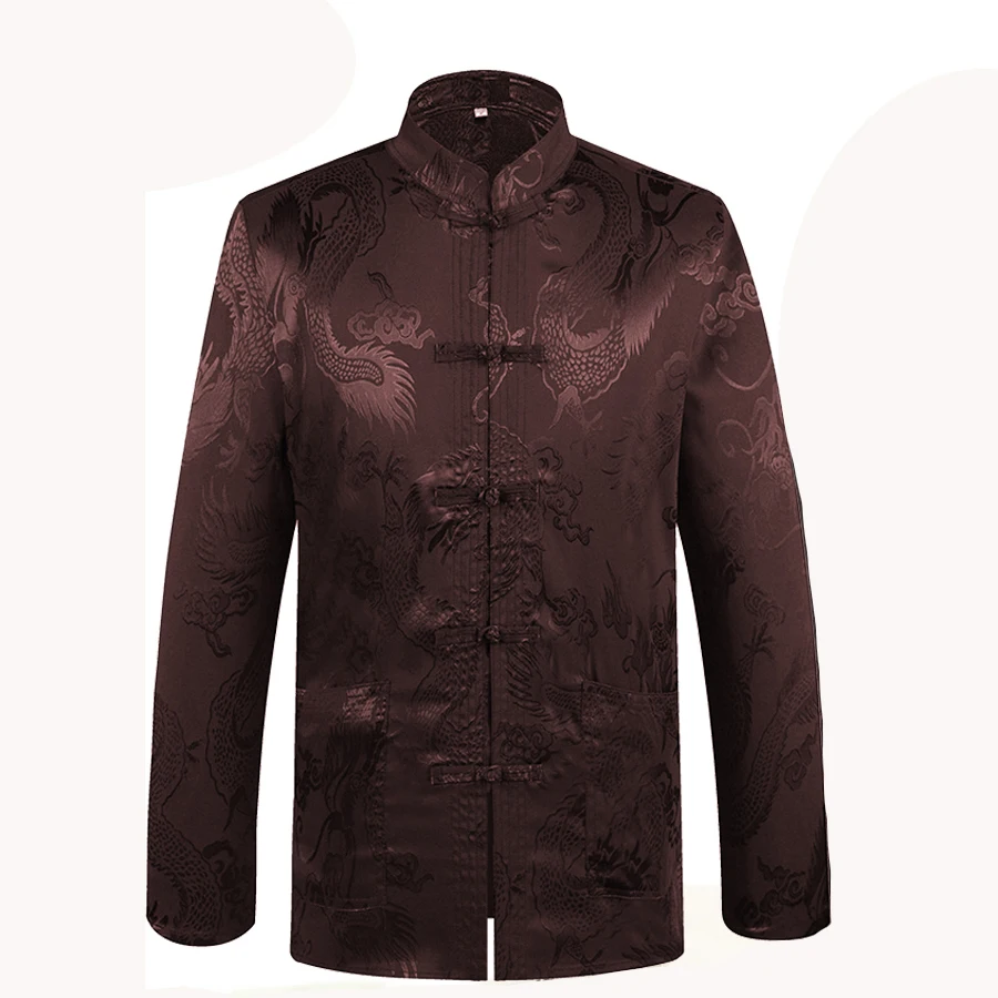 

New Coffee Chinese Traditional Men's Mandarin Collar Full Dragon Tang Suit Clothing Long Sleeve Kung Fu Shirt BlouseYZT1206