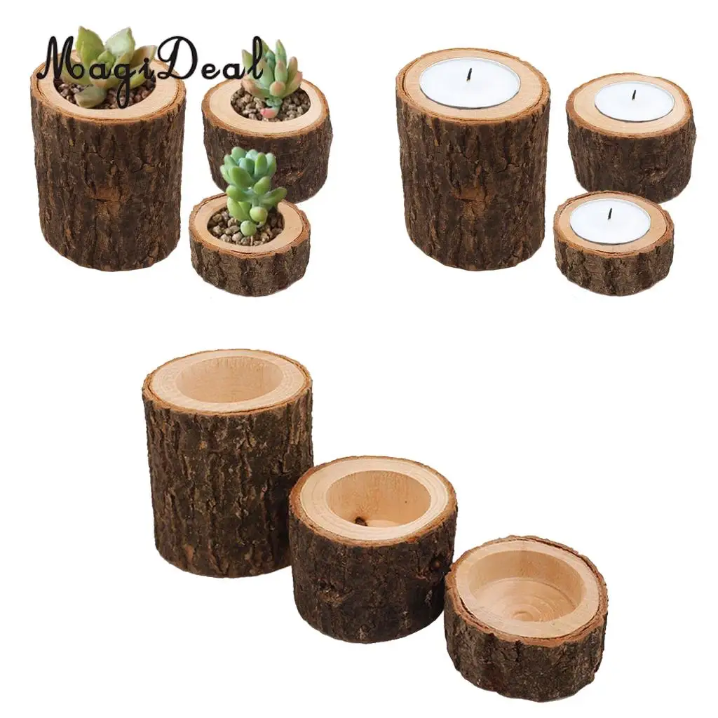 3x Tree Stump Wooden Candle Holder Tea Light for Romantic Candlelight