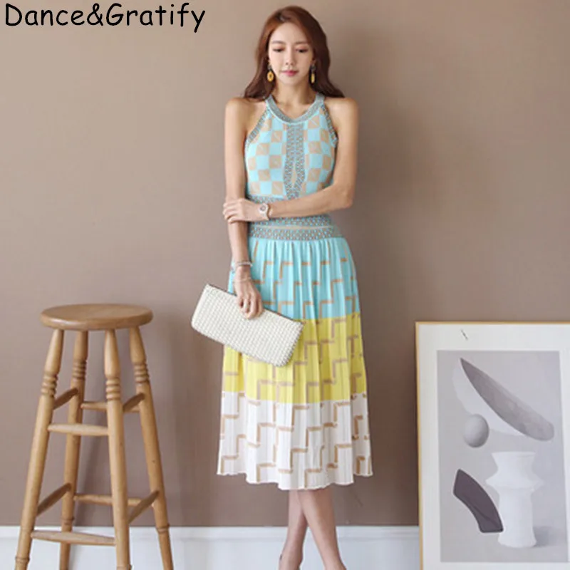 

Print Women Jacquard Knitting Sweater Dress Summer Ladies Elegant Sleeveless Big Swing Tank Party Dress For Girls
