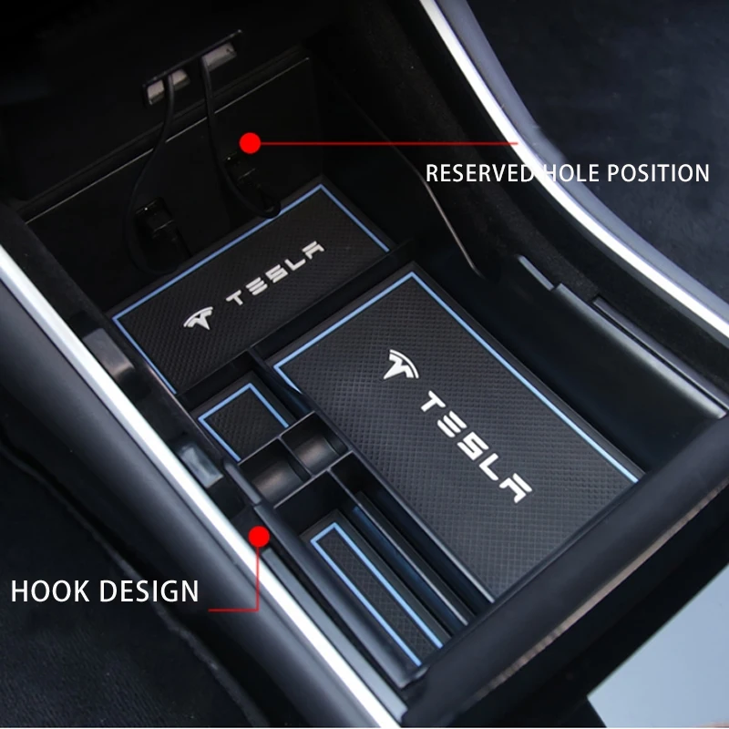 Car Center Console Organizer Tray Storage Box Coin for Tesla Model 3 Storage Armrest Box Phone Mount Pocket Sunglass Holder Container Black