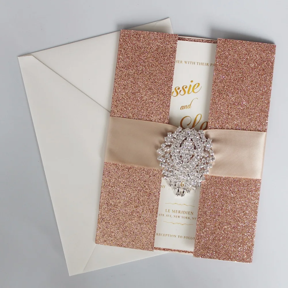 Rose Gold Wedding Invitations Shiny Invitation Cards Luxury Wedding Invitation With Ribbon