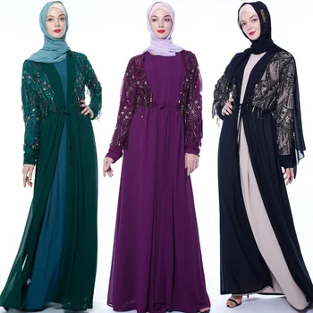 

Elegant muslim sequined tassel beading abayas female full length cardigan kimono robes Arab Ramadan prayers islamic robe wq2494