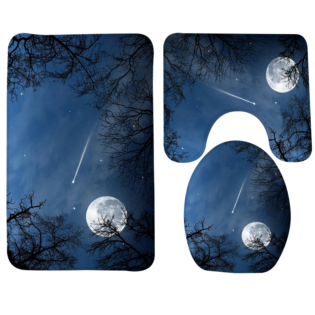 

3pcs Bathroom Rug Set Beautiful Moon and Stars Pattern Bath Mat Anti Slip Bath and Toilet Mat Sets