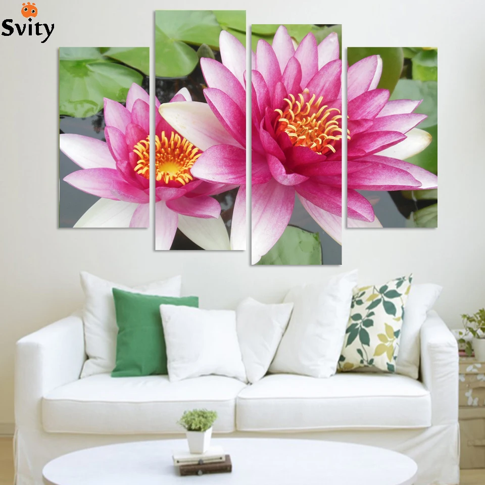 4 Panel Wall Art Gambar Botanical Feng Shui Merah Pink Lotus Lukisan Minyak Di Atas Kanvas Gambar Untuk Ruang Tamu Dekorasi Oil Painting The Paintingspaintings On Canvas Aliexpress