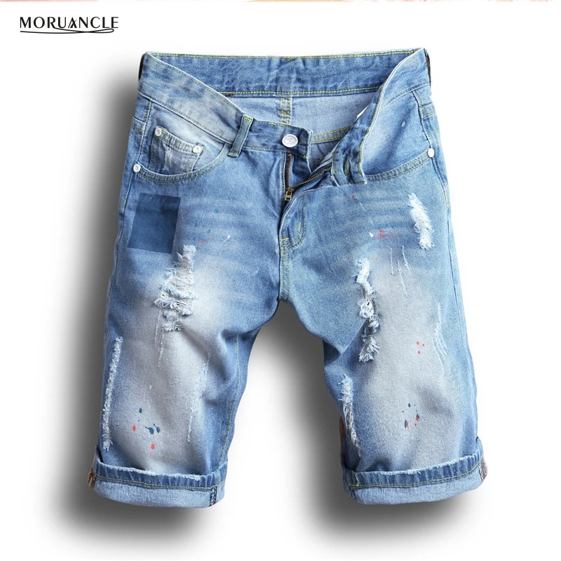 

MORUANCLE 2017 Summer Men's Ripped Denim Shorts Painted Distressed Jean Shorts Male Light Blue Cropped Jogger Shorts Size 28-38