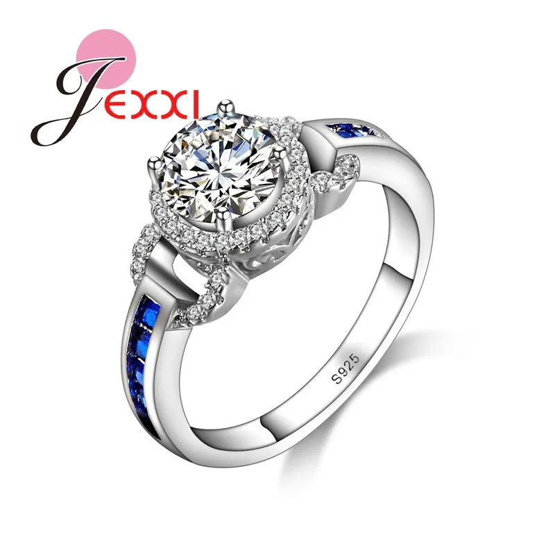 JEXXI Exquisite Women Jewelry White CZ Crystal Sapphire Zirocn Wedding Rings 925 Sterling Silver Finger Ring For Party Bijoux