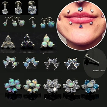 

1pc Prong Setting Zircon Opal Ear Helix Tragus Cartilage Stud Earrings Internally Thread Labret Monroe Lip Stud Piercing Jewelry