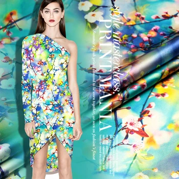 

118cm wide 19mm 93% silk & 7% spandex floral green blue silk satin fabric for summer dress shirt clothes cheongsam