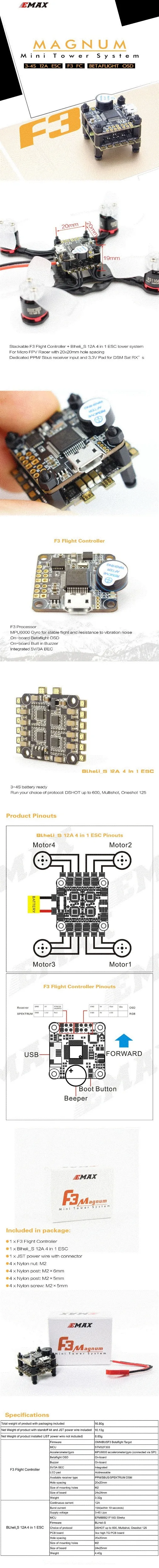 Emax F3 Magnum Мини-Башня Системы пуля 12A 4 в 1 ESC и F3 игровые джойстики