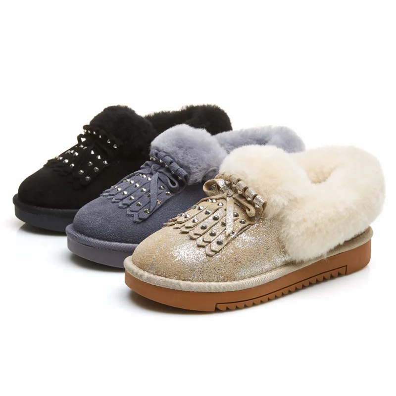 EXCARGO Genuine Leather Snow Boots Woman Tassel Rivet 2018 Winter New Warm Casual Slip On Shoes Wool Fur Short Snow Boots Retro