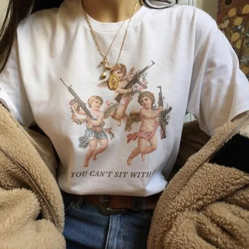

You Cant Sit with Us Three Angels Summer Women's Fashion Large Size Loose Harajuku Casual Fun T-Shirt Cartoon Letter Print Tops