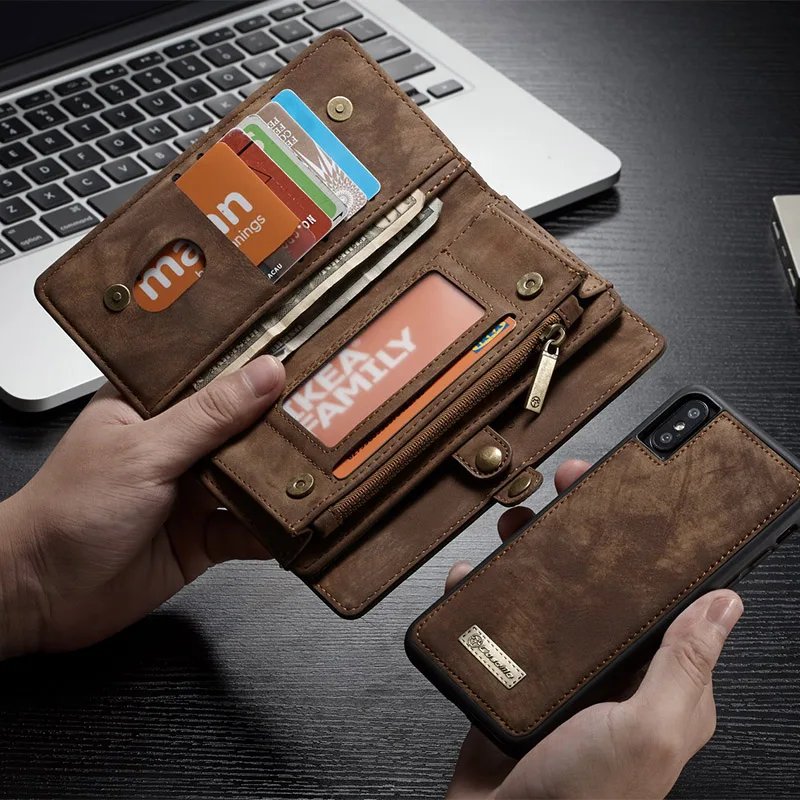 Кошелек чехол для Apple iPhone X Xs Max XR CaseMe магнит задняя крышка Разделение кожаная сумка на молнии нескольких слотов чехол для iPhone 8 8 плюс