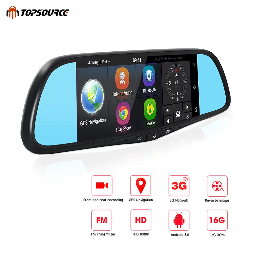 TOPSOURCE 7 &quot3G Автомобильный видеорегистратор зеркало GPS Android 5 0 Bluetooth двойной
