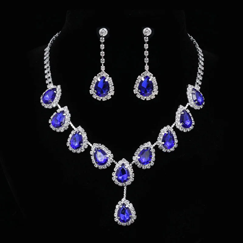 TREAZY Royal Blue Crystal Bridal Jewelry Sets Silver Plated Rhinestone Necklace Earrings Set for Women Prom Wedding Jewelry Sets 