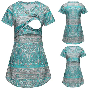 

Women's Short Sleeve Floral Colour Print V-neck Tops Breastfeeding Nusring Maternity Clothes