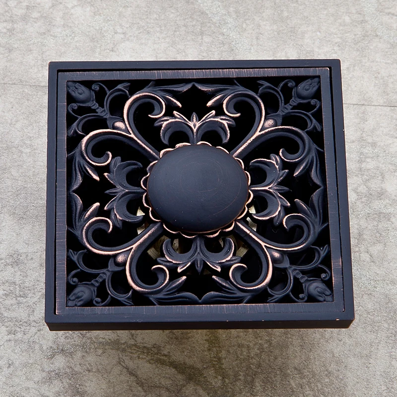 Vidric Black Brass Square Floor Drain ORB Deodorant Carved Floor Drain Water Drain Shower Waste Grate Strainer Assembly