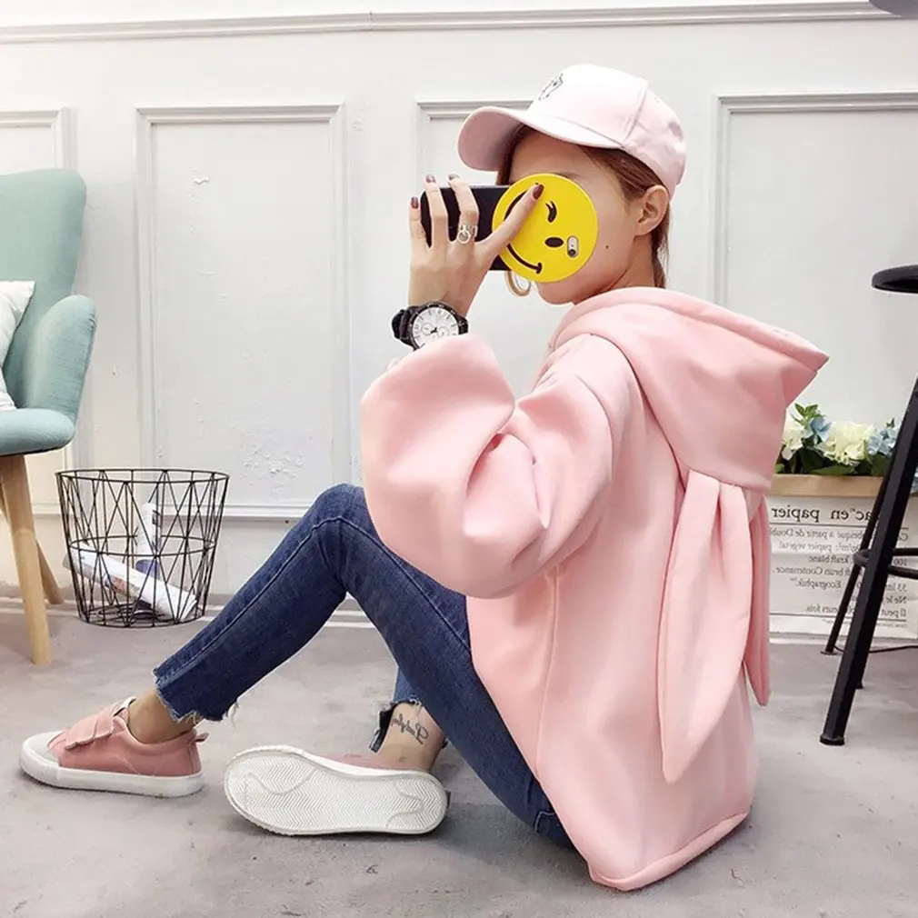 Kawaii الحلو آذان أرنب هوديس المرأة زائد حجم طويلة الأكمام القطن رياضية ضئيلة البلوفرات Moletom Homewear Femal بلوزات
