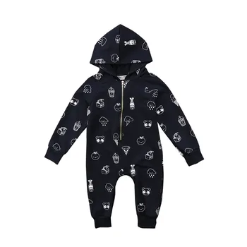 

New Baby Boys Girls Infant Romper Ice cream Print Hooded Spring Autumn Jumpsuit Clothes long sleeve zipper Romper